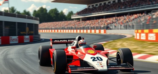 Une illustration photoréaliste de la course d'Alain Prost en Formule 1.