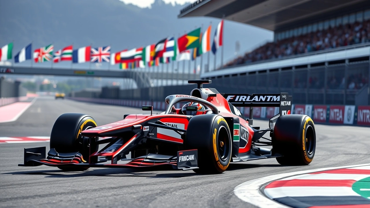 voiture de Formule 1 avec drapeaux internationaux