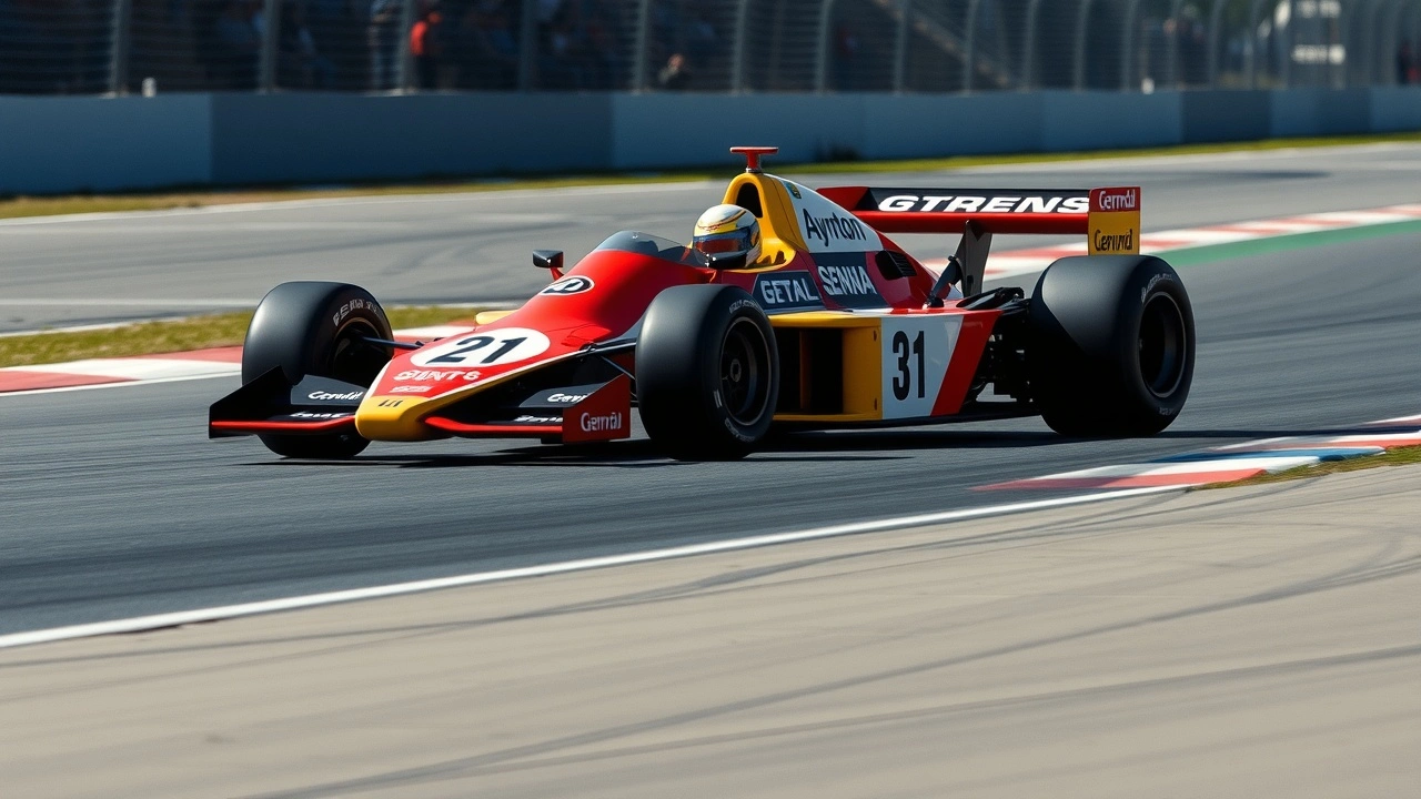 voiture de Formule 1 sur circuit avec couleurs de Senna