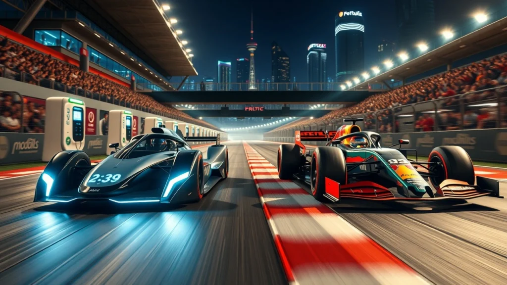 Une scène qui illustre la compétition entre une voiture de Formule E et une voiture de Formule 1 sur un circuit animé.