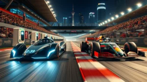 Une scène qui illustre la compétition entre une voiture de Formule E et une voiture de Formule 1 sur un circuit animé.