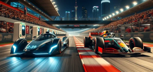 Une scène qui illustre la compétition entre une voiture de Formule E et une voiture de Formule 1 sur un circuit animé.