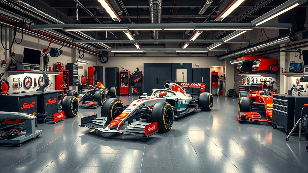 garage de Formule 1 avec voitures et équipements innovants
