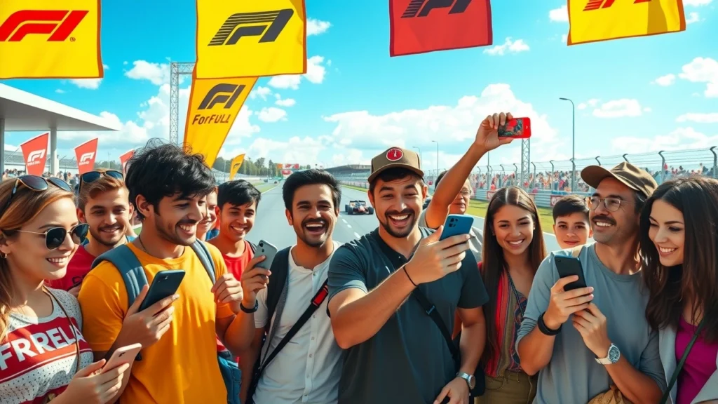 Un groupe de jeunes fans de Formule 1 utilisant les réseaux sociaux lors d'un événement de course.