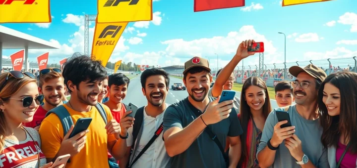 Un groupe de jeunes fans de Formule 1 utilisant les réseaux sociaux lors d'un événement de course.