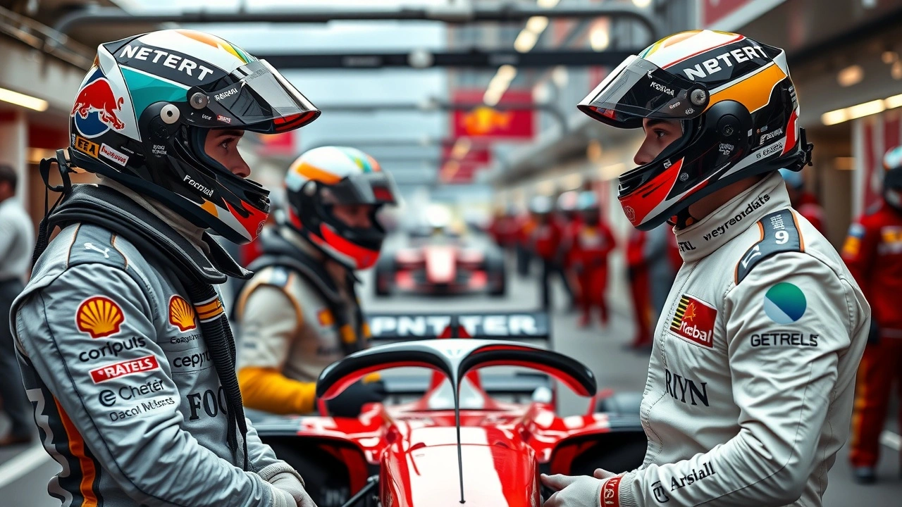 jeunes pilotes de Formule 1 dans un stand