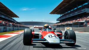 Image photographique d'Alain Prost en Formule 1, illustrant ses triomphes.