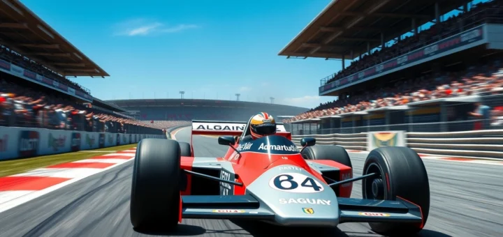 Image photographique d'Alain Prost en Formule 1, illustrant ses triomphes.