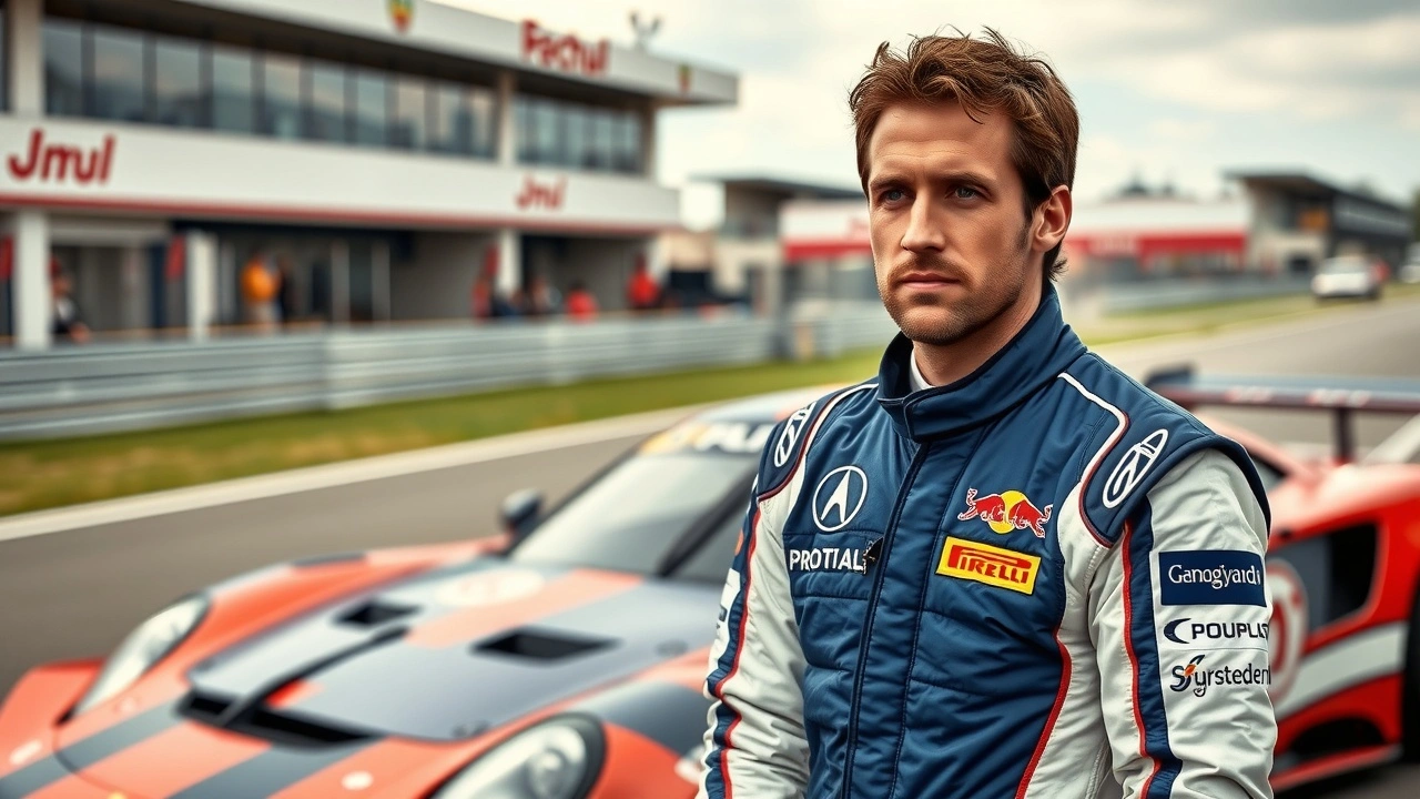 Nicolas Prost en combinaison de course à côté d'une voiture de sport