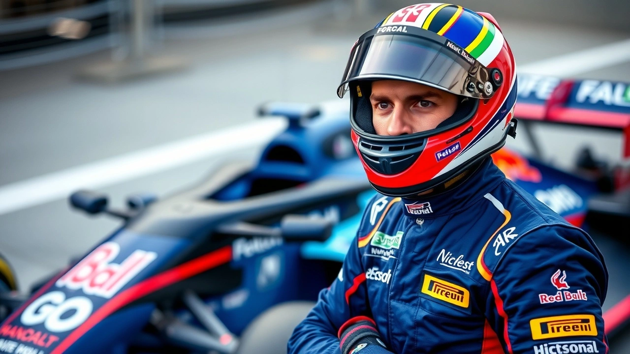 Nicolas Prost en combinaison de pilote près d'une voiture de course