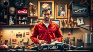 Portrait photorealiste de Nicolas Prost dans son atelier, construisant son héritage.