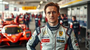 Portrait d'un pilote de course symbolisant l'héritage familial et l'ambition personnelle.