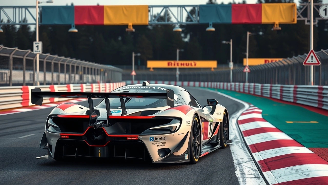 voiture de course moderne sur circuit avec barrières de sécurité