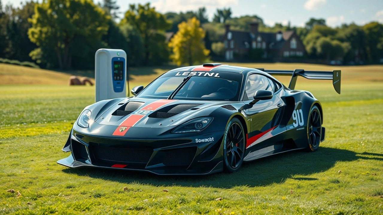 voiture de course avec station de recharge dans un paysage vert