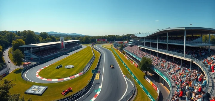 Une vue photoréaliste du circuit de Monza, mettant en avant son agencement unique et son importance historique en Formule 1.