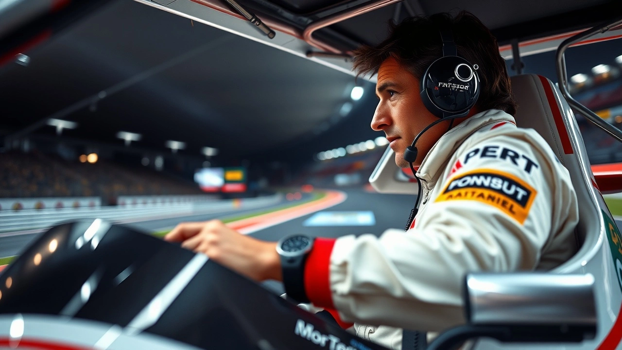 Alain Prost dans une voiture de Formule 1 avec des données