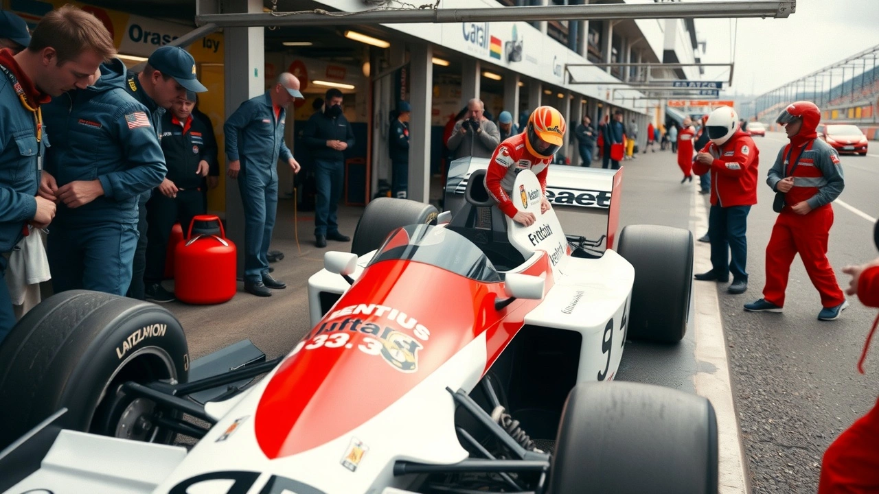 Alain Prost entrant dans une voiture de Formule 1