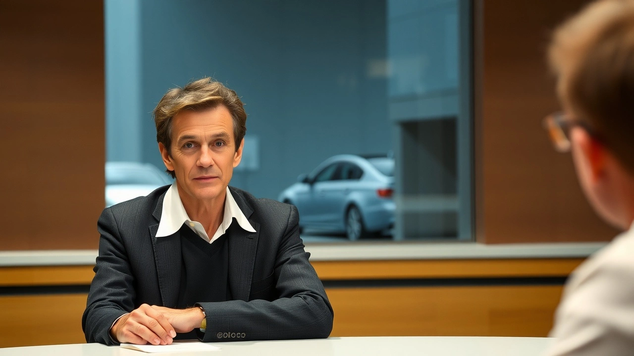 Alain Prost lors d'un entretien à une table
