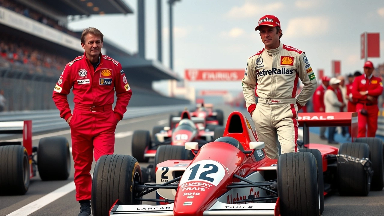 Alain Prost et Niki Lauda avec leurs voitures de Formule 1