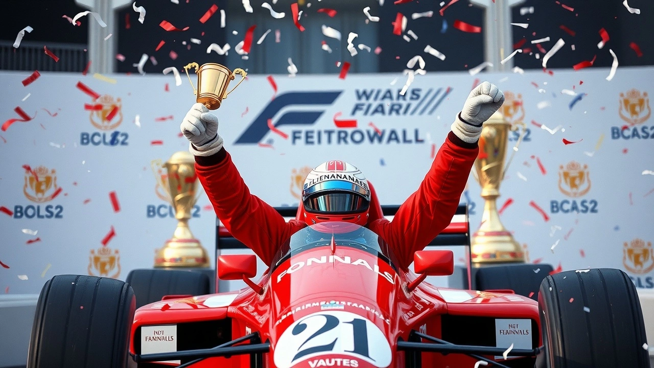 Alain Prost sur le podium avec des trophées