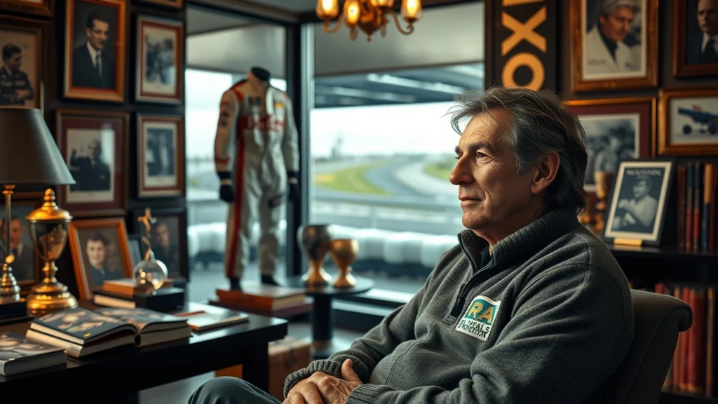 Alain Prost analysant son parcours de pilote avec un regard réfléchi dans un bureau rempli de souvenirs de la Formule 1.