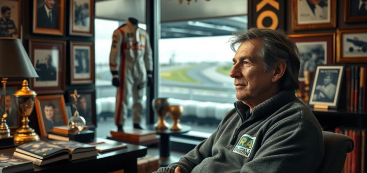 Alain Prost analysant son parcours de pilote avec un regard réfléchi dans un bureau rempli de souvenirs de la Formule 1.