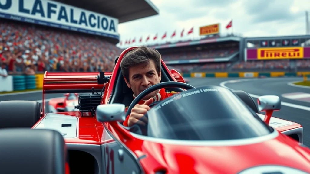 Une illustration photoréaliste d'Alain Prost en pleine course de Formule 1, montrant sa détermination.