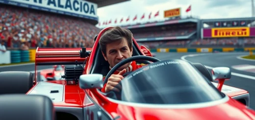 Une illustration photoréaliste d'Alain Prost en pleine course de Formule 1, montrant sa détermination.