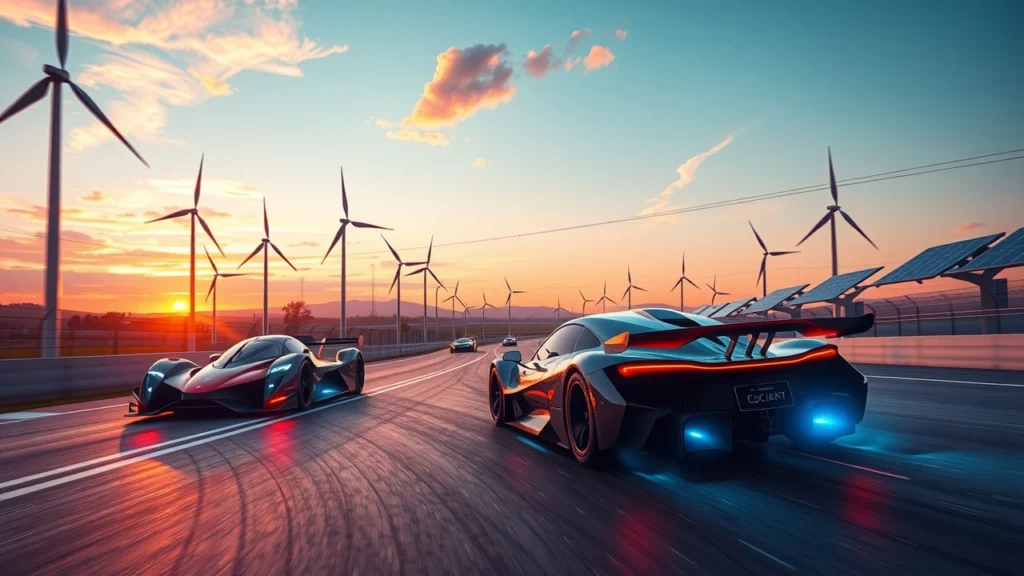 Une illustration de l'avenir des sports automobiles avec des voitures de course électriques et des énergies renouvelables.