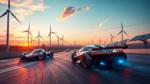 Une illustration de l'avenir des sports automobiles avec des voitures de course électriques et des énergies renouvelables.