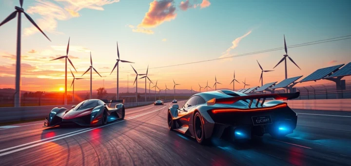 Une illustration de l'avenir des sports automobiles avec des voitures de course électriques et des énergies renouvelables.