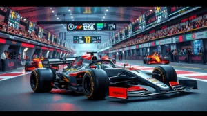 Une représentation photoréaliste de l'avenir de la Formule 1 avec des voitures de course futuristes et un circuit moderne.