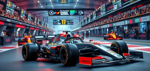 Une représentation photoréaliste de l'avenir de la Formule 1 avec des voitures de course futuristes et un circuit moderne.