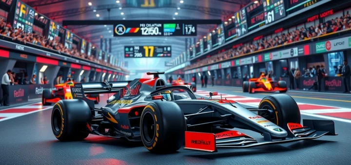 Une représentation photoréaliste de l'avenir de la Formule 1 avec des voitures de course futuristes et un circuit moderne.