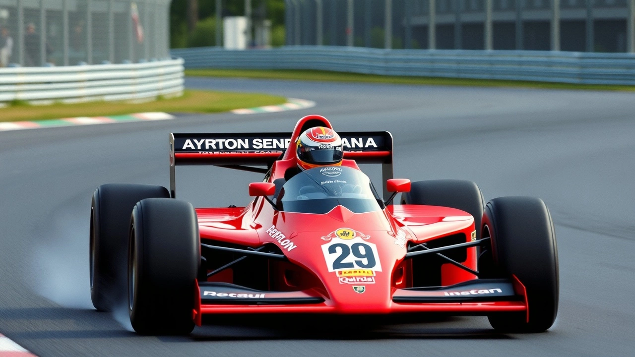 Ayrton Senna dans une voiture de Formule 1 sur circuit