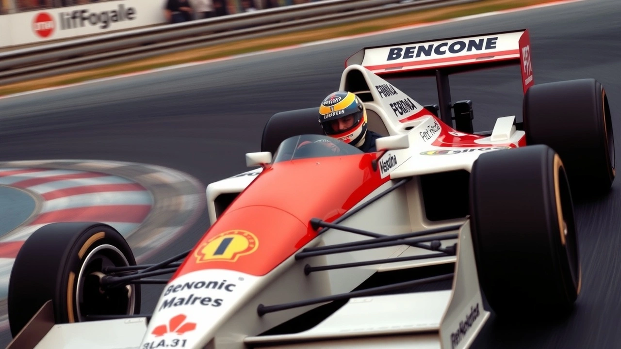 Ayrton Senna dans une voiture de Formule 1 sur un circuit