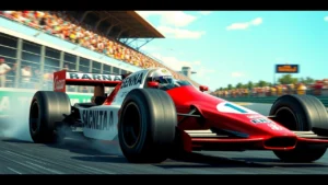 Une illustration photoréaliste d'Ayrton Senna en Formule 1, évoquant sa détermination et ses triomphes.