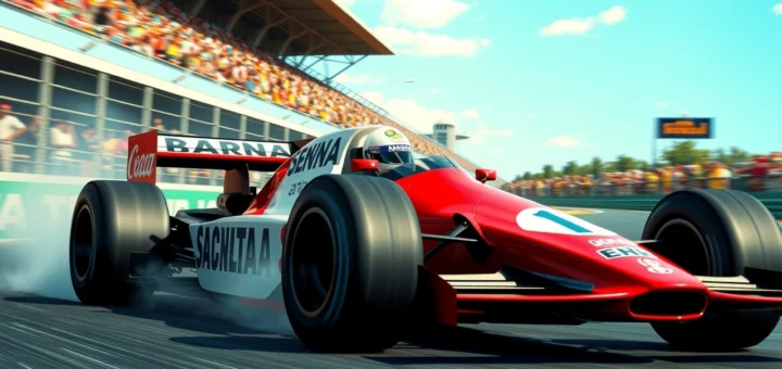 Une illustration photoréaliste d'Ayrton Senna en Formule 1, évoquant sa détermination et ses triomphes.