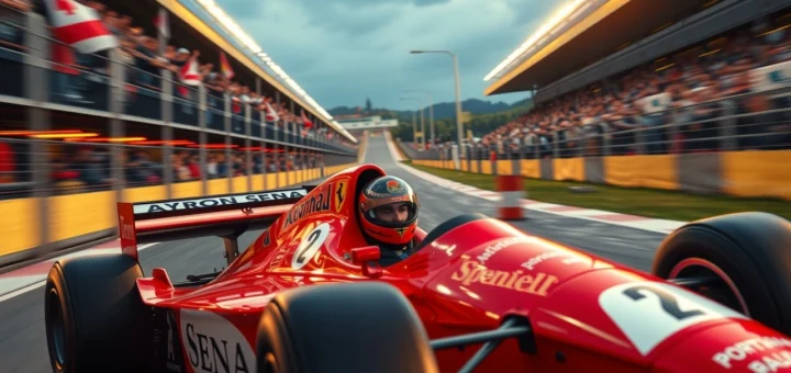 Ayrton Senna en pleine action sur un circuit de Formule 1.
