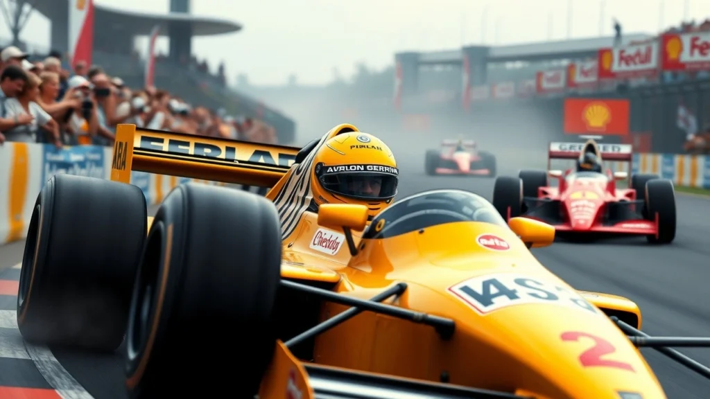 Une image photoréaliste d'Ayrton Senna en pleine course de Formule 1, illustrant son style de pilotage emblématique et son héritage.