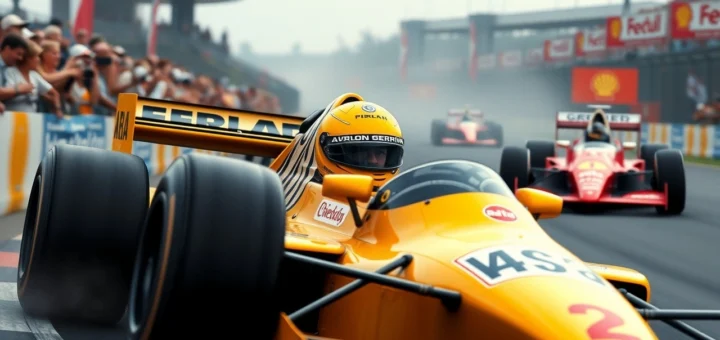 Une image photoréaliste d'Ayrton Senna en pleine course de Formule 1, illustrant son style de pilotage emblématique et son héritage.