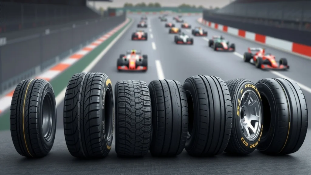 Une illustration photorealiste montrant l'evolution des pneus de Formule 1 et leur importance dans la strategie de course moderne.