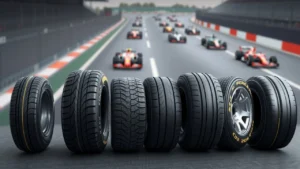 Une illustration photorealiste montrant l'evolution des pneus de Formule 1 et leur importance dans la strategie de course moderne.