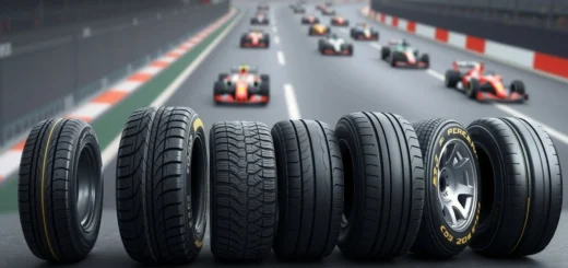 Une illustration photorealiste montrant l'evolution des pneus de Formule 1 et leur importance dans la strategie de course moderne.