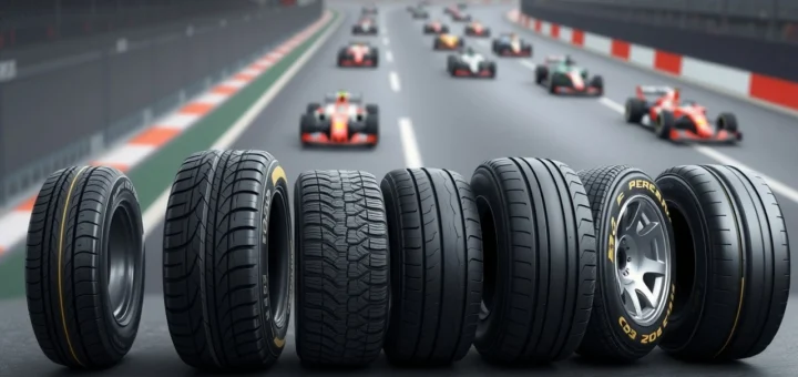 Une illustration photorealiste montrant l'evolution des pneus de Formule 1 et leur importance dans la strategie de course moderne.