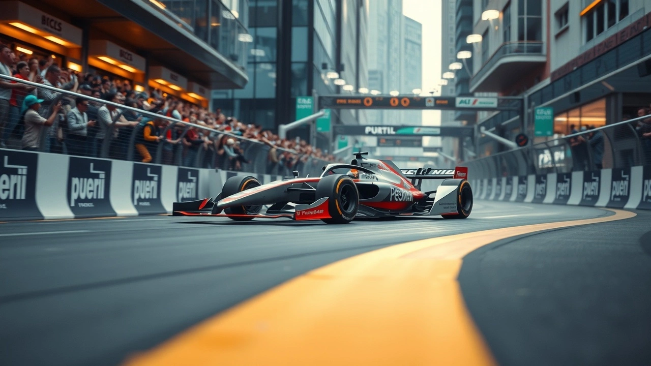 voiture de course de Formule E sur circuit urbain futuriste