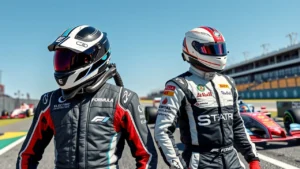 Deux pilotes de course, l'un de Formule E et l'autre de Formule 1, se tenant côte à côte sur un circuit.