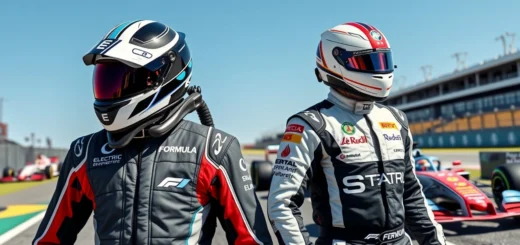 Deux pilotes de course, l'un de Formule E et l'autre de Formule 1, se tenant côte à côte sur un circuit.