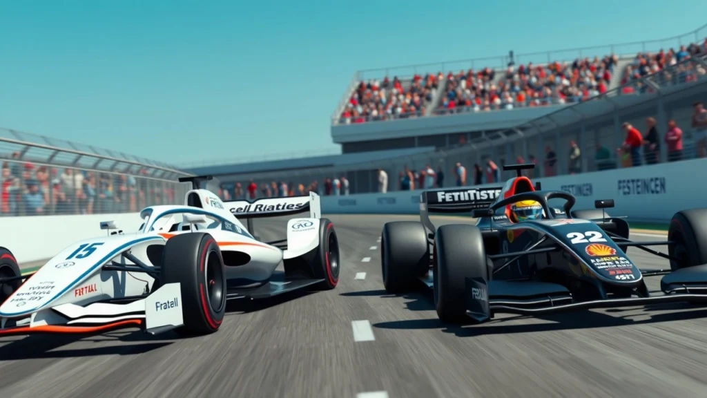 Une illustration photoréaliste d'une voiture de Formule E et d'une voiture de Formule 1 sur un circuit, montrant l'adaptation des pilotes entre ces deux mondes de la compétition automobile.