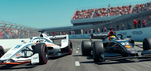 Une illustration photoréaliste d'une voiture de Formule E et d'une voiture de Formule 1 sur un circuit, montrant l'adaptation des pilotes entre ces deux mondes de la compétition automobile.